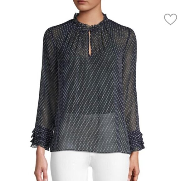 Rebecca Taylor Silk Crinkle Chiffon Navy Semi Sheer Keyhole 4 Popover Blouse Top - Picture 1 of 10